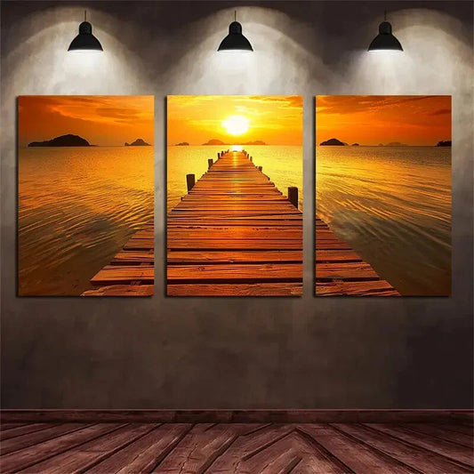 3pcs Dock Sunset Stunning Gold Metal Print Ready to Hang Art