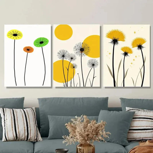 3pcs Modern Abstract Dandelion Vibrant Yellow Metal Print Ready to Hang Art