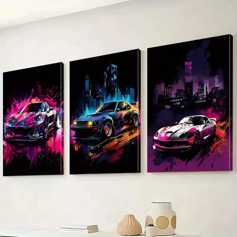 3pcs Neon Decorative Graffiti Style Sports cars Wall Art Set Canvas Framed 40x60cm - High Quality Print 100% Australian Made Wall Canvas Ready to Hang
