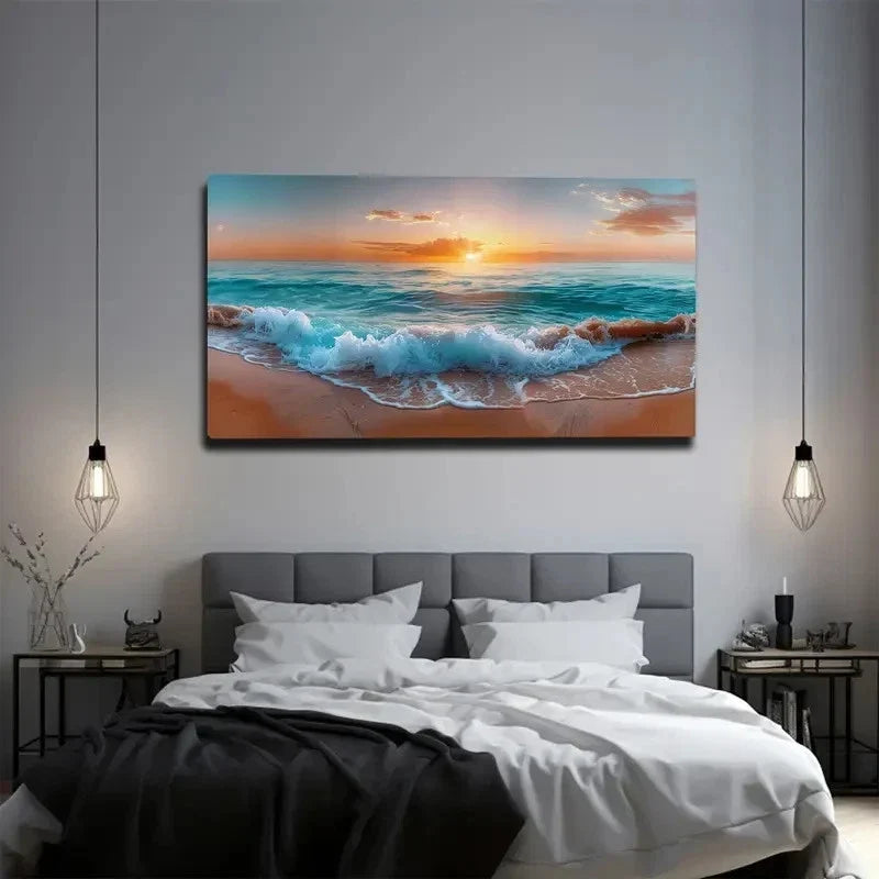 Vibrant Ocean Waves & Sandy Wall Art Canvas Office Home Room Framed 80x45cm