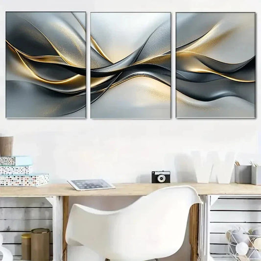 3pcs Elegant Silvery Black and Golden Metal Print Ready to Hang Art