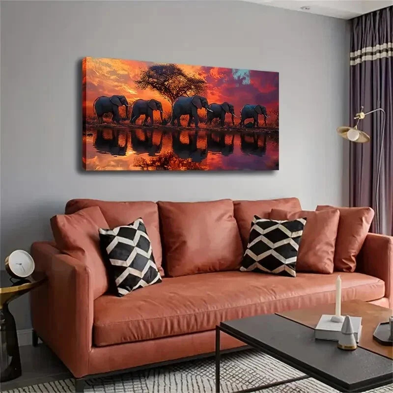 Five Elephants Sunset Grassland Wall Art Canvas Office Home Room Framed 80x45cm