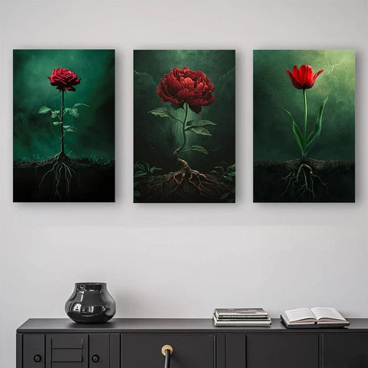 3pcs Modern Abstract Red Roses And Tulips Metal Print Ready to Hang Art