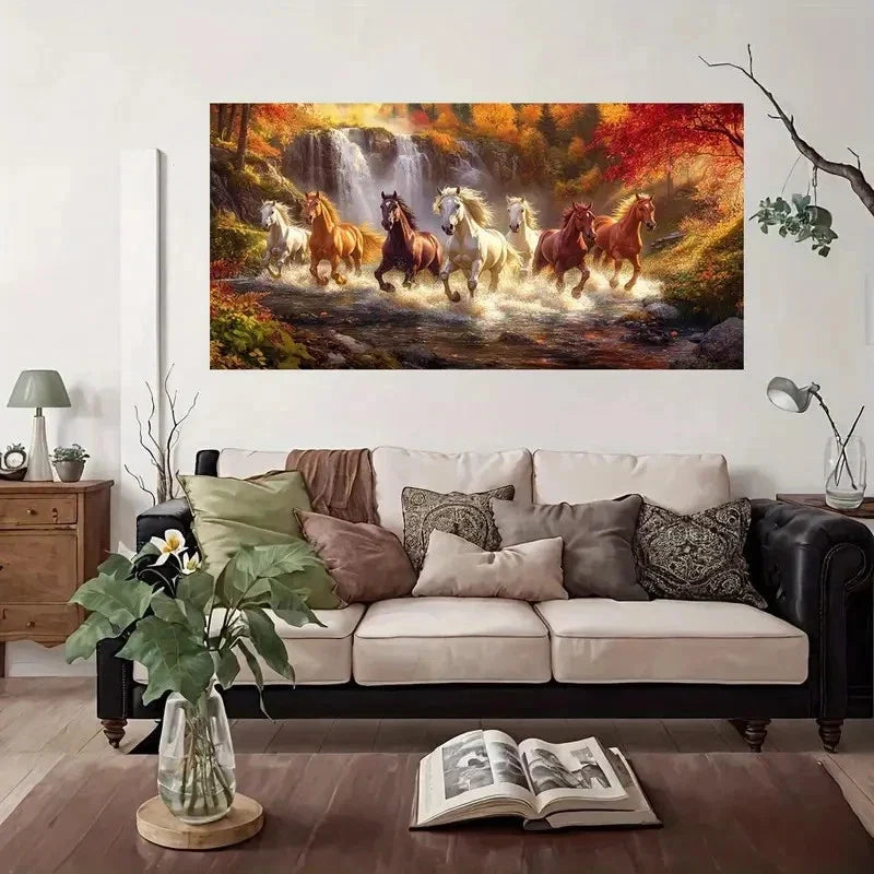 Six Horses Waterfall Wall Art Canvas Office Home Room Framed 120x60cm