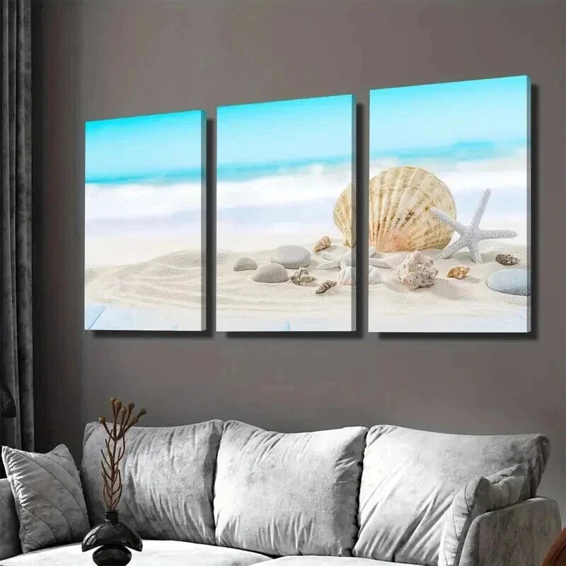 3pcs Ocean with Seashells And Sand Beach Scene Wall Art Set Canvas Framed 40x60cm - High Quality Print 100% Australian Made Wall Canvas Ready to Hang