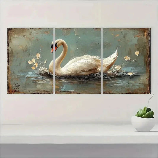 3pcs White Swan Teal & Golden Vintage Metal Print Ready to Hang Art