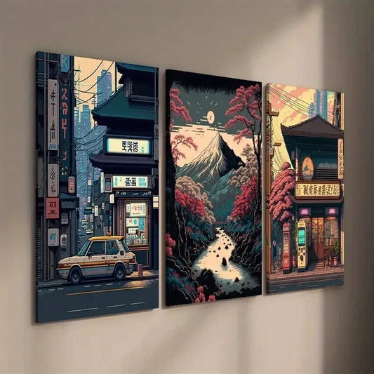 3pcs Japanese Night Shop & Retro Cherry Blossom Wall Art Set Canvas Framed 40x60cm - High Quality Print 100% Australian Made Wall Canvas Ready to Hang