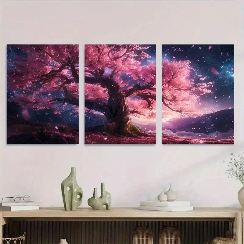3pcs Cherry Blossom Pink Floral Landscape Metal Print Ready to Hang Art