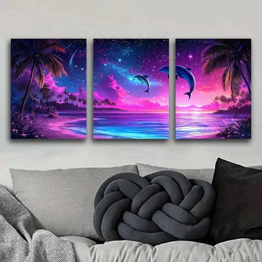3pcs Dolphin Silhouette Under Purple Sky Ocean Wall Art Set Canvas Framed 40x60cm - High Quality Print 100% Australian Made Wall Canvas Ready to Hang