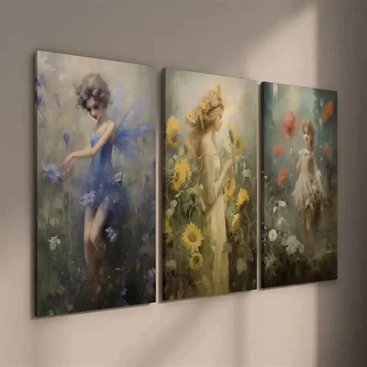 3pcs Meadow Fairy Print Vintage Fairy Mural Wall Art Set Canvas Framed 40x60cm - High Quality Print 100% Australian Made Wall Canvas Ready to Hang