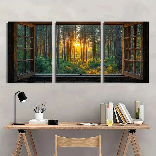 3pcs Open Window Forest View Sunrise Metal Print Ready to Hang Art