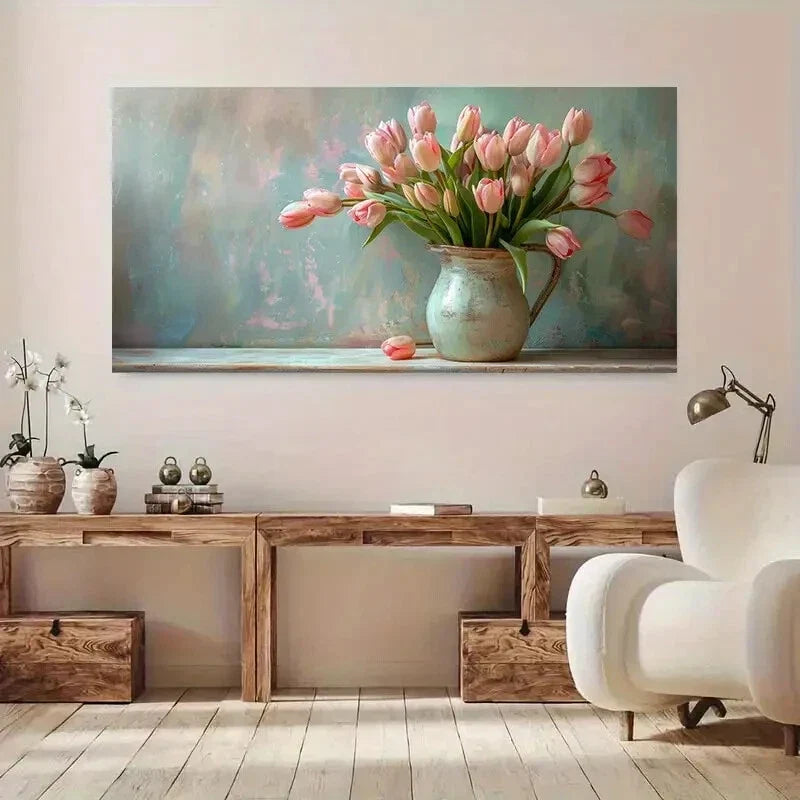 Pink Tulips Vibrant Frameless Wall Art Canvas Office Home Room Framed 120x60cm