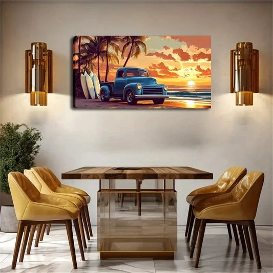 Vintage Blue Pickup Truck Beach Wall Art Canvas Office Home Room Framed 80x45cm