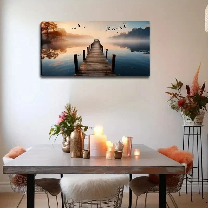 Serene Misty Bridge Landscape Wall Art Canvas Office Home Room Framed 120x60cm
