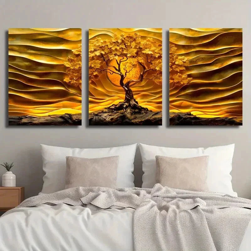 3pcs Abstract Golden Tree of Life Wall Art Set Canvas Framed 40x60cm - High Quality Print 100% Australian Made Wall Canvas Ready to Hang