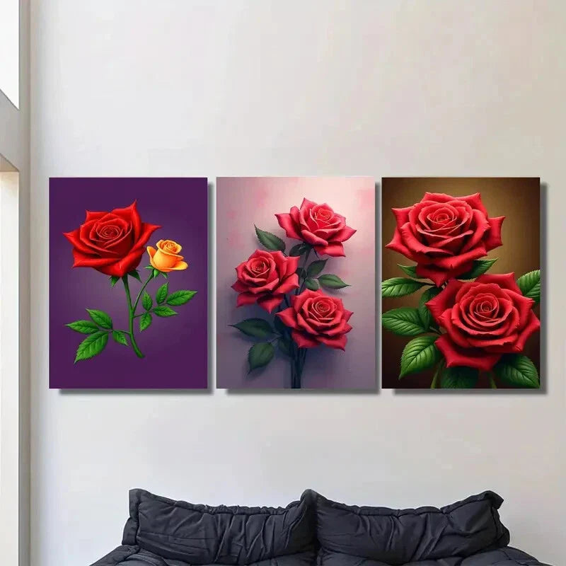 3pcs Beautiful Red Rose Elegant Floral Metal Print Ready to Hang Art