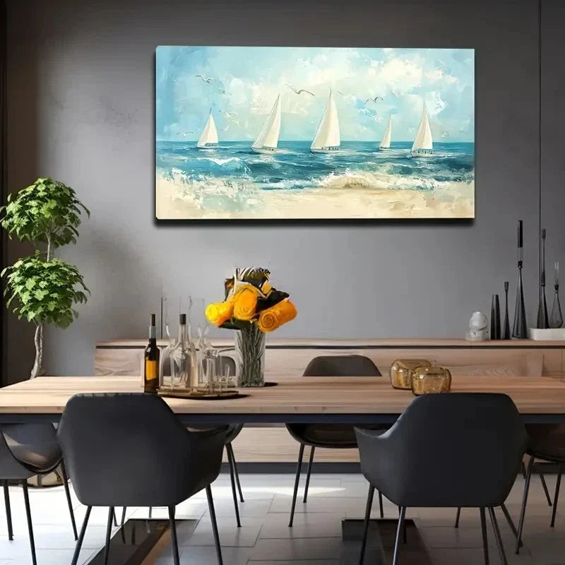 Tranquil Blue Sea With White Wall Art canvas office home room framed 120x60cm