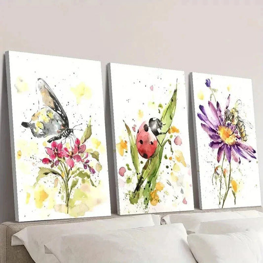 3pcs Flowers & Butterfly Ladybug Bee Wall Art Set Canvas Framed 40x60cm - High Quality Print 100% Australian Made Wall Canvas Ready to Hang