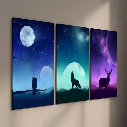 3pcs Moon Starry Sky Animal Owl Wolf and Deer Wall Art Set Canvas Framed 40x60cm - High Quality Print 100% Australian Made Wall Canvas Ready to Hang