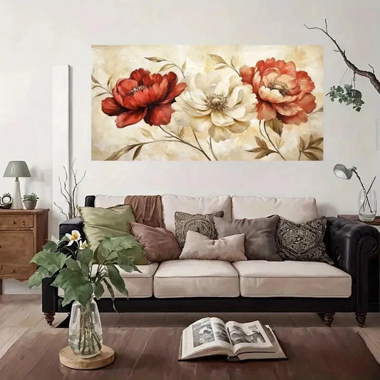 Red White Floral Wall Art Canvas Office Home Room Framed 80x45cm