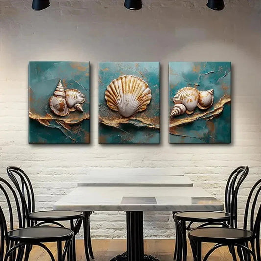 3pcs Coastal Seashell Tranquil Teal Perfect Wall Art Set Canvas Framed 40x60cm - High Quality Print 100% Australian Made Wall Canvas Ready to Hang