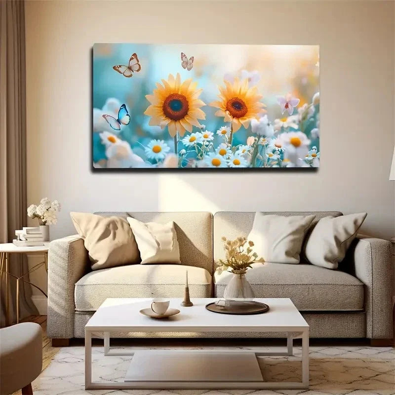Vibrant Sunflowers Butterflies Wall Art canvas office home room framed 120x60cm