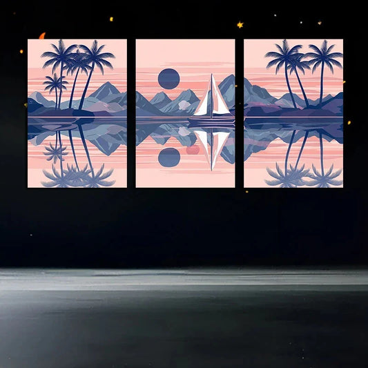 3pcs Modern Nature Mountain Sun Coconut Trees Metal Print Ready to Hang Art