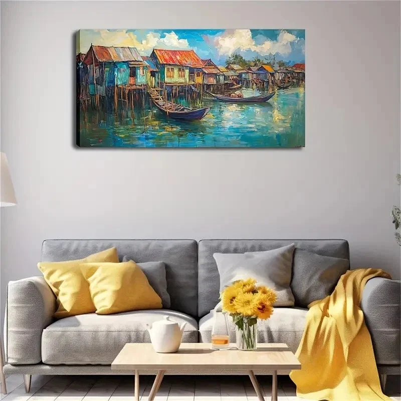 Colorful Houses Fishing Boats Wall Art Canvas Office Home Room Framed 120x60cm