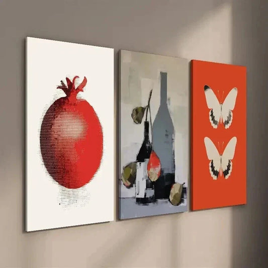 3pcs Vintage Pomegranate Wine Bottle & Butterfly Wall Art Set Canvas Framed 40x60cm - High Quality Print 100% Australian Made Wall Canvas Ready to Hang