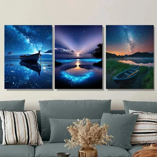 3pcs Starry Night Sky Blue Galaxy Landscape Wall Art Set Canvas Framed 40x60cm - High Quality Print 100% Australian Made Wall Canvas Ready to Hang