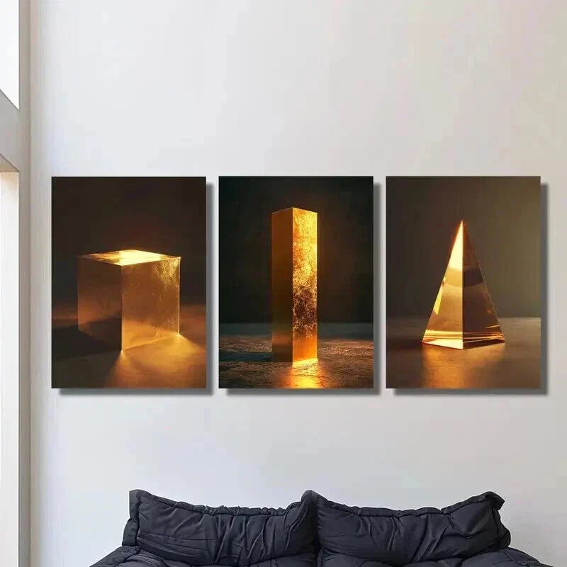 3pcs Luxurious Golden Cube Triangle Decoration Wall Art Set Canvas Framed 40x60cm - High Quality Print 100% Australian Made Wall Canvas Ready to Hang