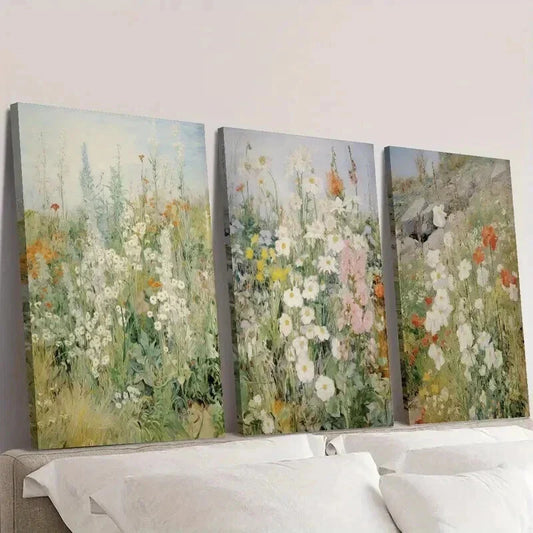 3pcs Vintage Spring Wildflower Field Wall Art Set Canvas Framed 40x60cm - High Quality Print 100% Australian Made Wall Canvas Ready to Hang