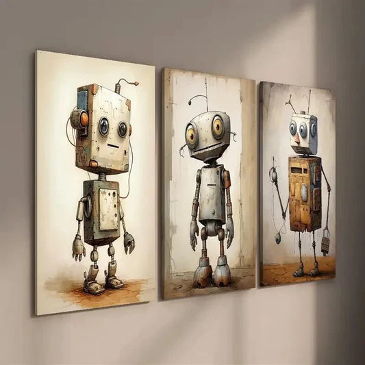 3pcs Vintage Robot Drawing Wall Art Set Canvas Framed 40x60cm - High Quality Print 100% Australian Made Wall Canvas Ready to Hang