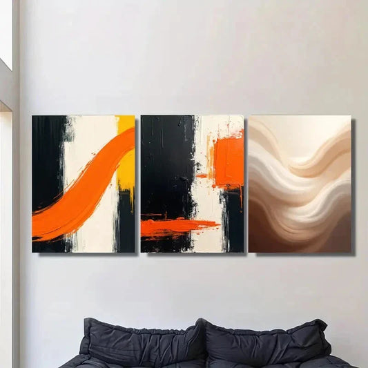 3pcs Vibrant Orange, Black & Neutral Tones Metal Print Ready to Hang Art
