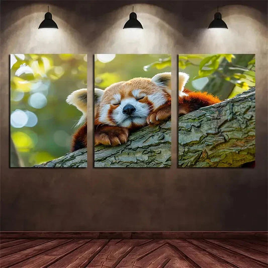 3pcs Red Panda Sleeping on Tree Branch Metal Print Ready to Hang Art