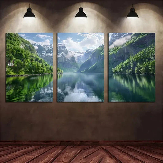 3pcs Nature-Inspired Scenic Mountain and Lake Metal Print Ready to Hang Art