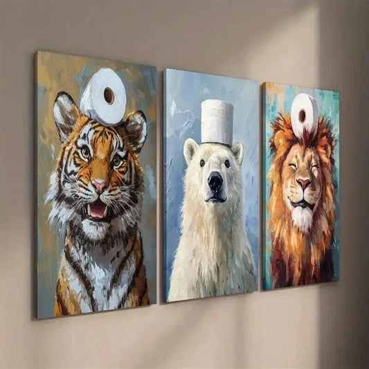 3pcs Tiger and Polar Bear Toilet Paper on Head Wall Art Set Canvas Framed 40x60cm - High Quality Print 100% Australian Made Wall Canvas Ready to Hang