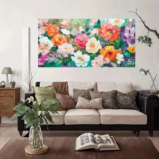 Colorful Floral Abstract Wall Art Canvas Office Home Room Framed 80x45cm