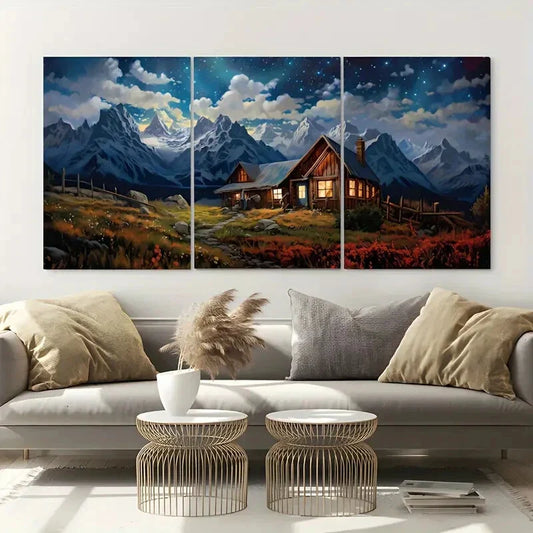 3pcs Blue Sky Mountain Beautiful House Metal Print Ready to Hang Art