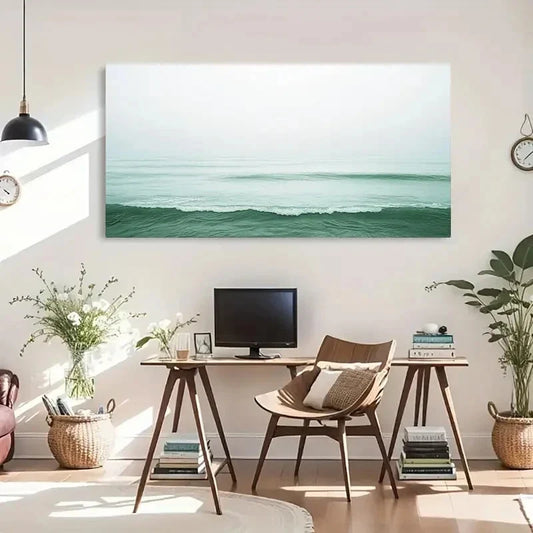 Tranquil Foggy Seascape Green Wall Art Canvas Office Home Room Framed 120x60cm