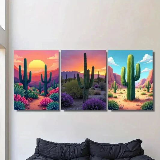 3pcs Vibrant Desert Sunset Colorful Cactus Metal Print Ready to Hang Art