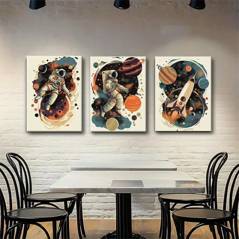 3pcs Retro Space Exploration Astronauts Perfect Wall Art Set Canvas Framed 40x60cm - High Quality Print 100% Australian Made Wall Canvas Ready to Hang