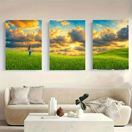 3pcs A Person Standing in a Grassy Field Metal Print Ready to Hang Art