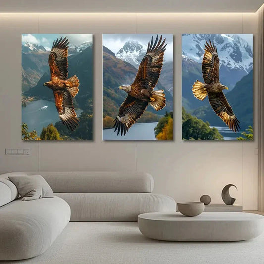 3pcs Mountain Green Trees Flying Eagle Metal Print Ready to Hang Art