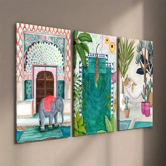 3pcs Moroccan Nordic Jungle Elephant Tiger Wall Art Set Canvas Framed 40x60cm - High Quality Print 100% Australian Made Wall Canvas Ready to Hang