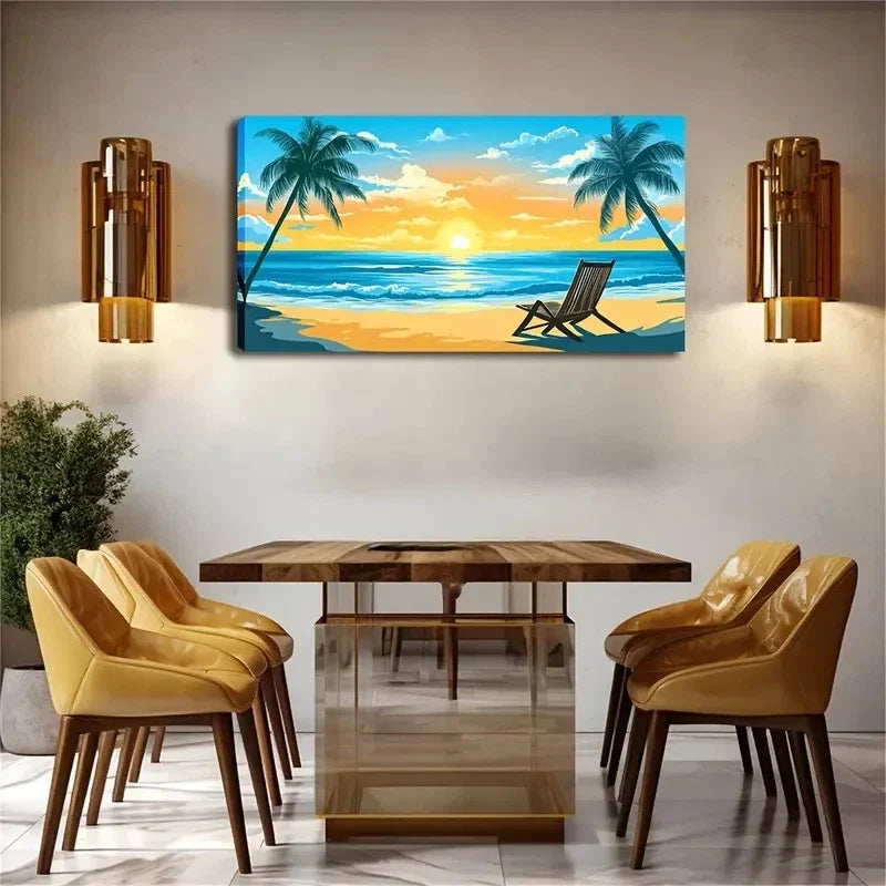 Beach Sunset With Deck Chair Wall Art Canvas Office Home Room Framed 120x60cm