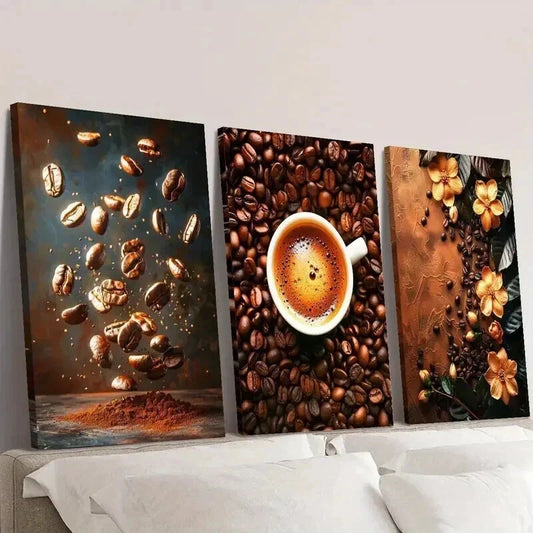 3pcs Coffee Beans & Cup of Coffee Decoration Wall Art Set Canvas Framed 40x60cm - High Quality Print 100% Australian Made Wall Canvas Ready to Hang