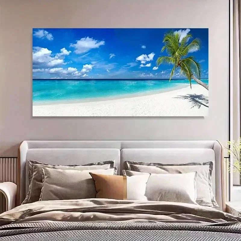 Vibrant Ocean & Palm Tree View Wall Art Canvas Office Home Room Framed 80x45cm