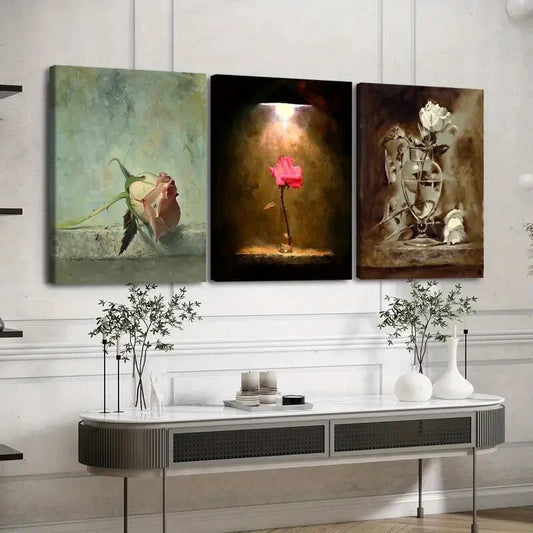 3pcs Vintage Oil Paint Style Roses Leopard Lion Wall Art Set Canvas Framed 40x60cm - High Quality Print 100% Australian Made Wall Canvas Ready to Hang