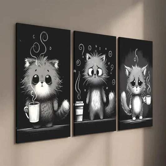 3pcs Black And White Cat Illustration Wall Art Set Canvas Framed 40x60cm - High Quality Print 100% Australian Made Wall Canvas Ready to Hang